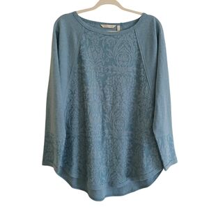 NWOT Soft Surroundings Long Sleeve Tunic Top Women's L Blue Scroll Curved Hem